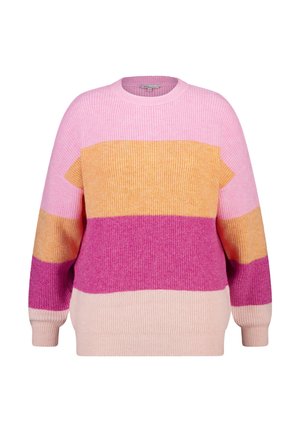 Gebreide trui met roze, oranje en paarse horizontale strepen. Ronde halslijn, lange mouwen en een geribbelde textuur over het geheel.