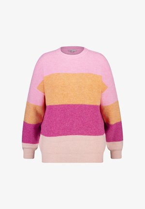 Gebreide trui met roze, oranje en paarse horizontale strepen. Ronde halslijn, lange mouwen en een geribbelde textuur over het geheel.