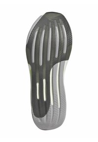 Suola della scarpa con un design multitexturato che presenta colori grigio scuro, grigio chiaro e bianco. I pattern scanalati migliorano la presa e la flessibilità.