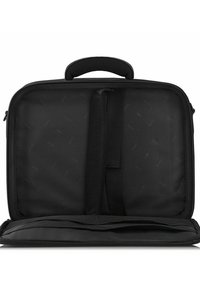 Czarna torba na laptopa z trwałym zewnętrzem, górną rączką oraz wewnętrznymi paskami do mocowania urządzeń. Posiada gładką, wyściełaną przegrodę.