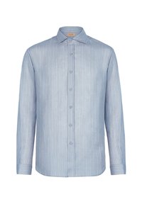 Ljusblå långärmad skjorta med vertikala vita ränder, knappstängning fram och klassisk krage med manschetter.