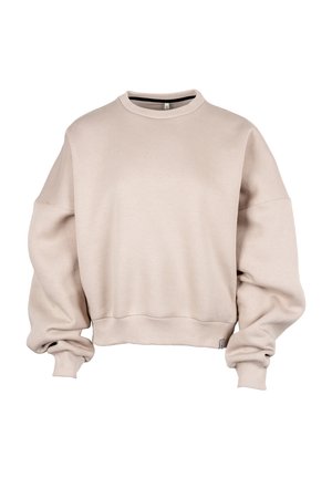 Beige gekorte sweatshirt gemaakt van zachte stof, met een ronde hals, verlaagde schouders en ribgebreide manchetten met een klein label op de zoom.