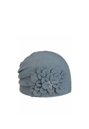 Soft blue-gray wool hat with layered fabric and large floral applique adorned with clear beads on the side.