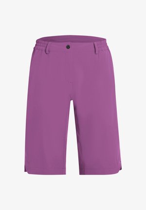 Pantaloncini viola fino al ginocchio con vita elastica, passanti per cintura, chiusura con bottoni e spacchi ai lati dell'orlo, mostrati su sfondo bianco.