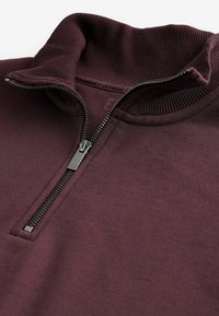 Burgunderfarbener Pullover mit hohem Kragen, ausgestattet mit einem kurzen Reißverschluss und gerippter Struktur. Weicher Stoff mit glatter Oberfläche und kontrastierendem Reißverschlussdetail.