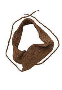 Brown woven fabric accessory with a textured surface, featuring a looped design and two elongated ties for securing.