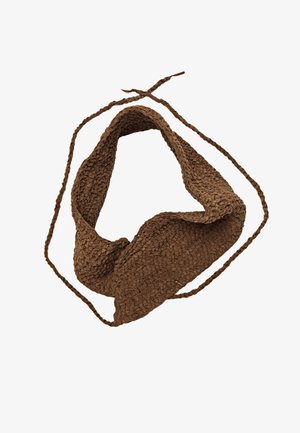 Bruine geweven stoffen accessoire met een textuur, voorzien van een lusvormig ontwerp en twee verlengde banden om het vast te maken.