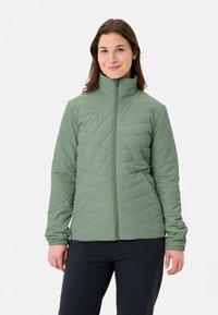Groene gewatteerde jas met hoge kraag, volledige rits en lange mouwen. Kenmerken zijn een gladde textuur en een aansluitend ontwerp voor warmte.
