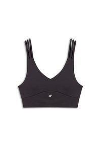 Czarny stanik sportowy z dekoltem w serek, grubymi ramiączkami z wycięciami oraz gładkiego, elastycznego materiału. Logo umieszczone z przodu.