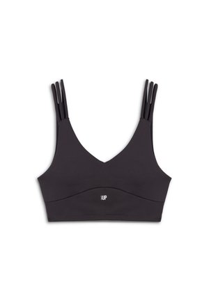 Czarny stanik sportowy z dekoltem w serek, grubymi ramiączkami z wycięciami oraz gładkiego, elastycznego materiału. Logo umieszczone z przodu.