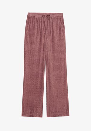 Pantalons à jambes larges en tissu texturé bordeaux avec un motif en losanges, dotés d'une taille élastique et d'un cordon de serrage pour un ajustement réglable.