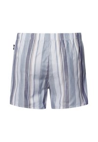 Boxer da uomo a righe con elastico in vita, caratterizzati da strisce verticali blu, grigie e beige. Realizzati in tessuto leggero.