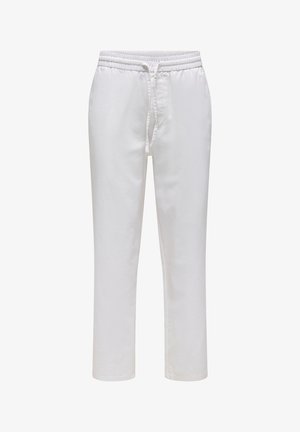 White pull-on pants with an elastic waistband and drawstring. Straight-leg design in a smooth, lightweight fabric without patterns.