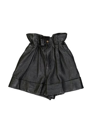 Zwarte short van nep leer met hoge taille, paperbag taille, knoopsluiting, plooien en brede omgeslagen zomen.