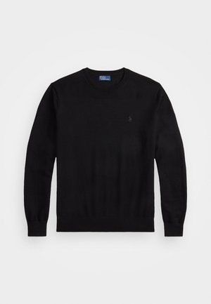 Black sweater with round neckline, long sleeves, and ribbed cuffs. Made of a soft material, featuring a small logo on the left chest.