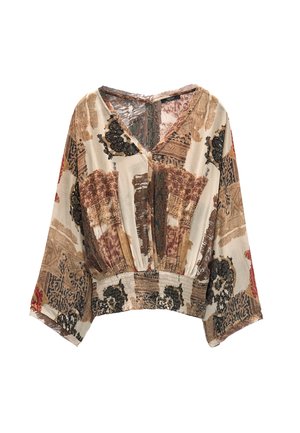 Luźna bluzka w kolorze kremowym z mieszanym wzorem w czerwone, czarne i brązowe akcenty. Posiada dekolt w serek oraz elastyczne marszczenie u dołu.