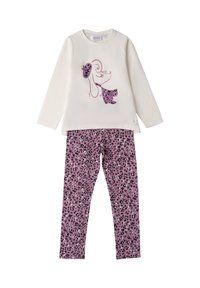Witte lange mouwen top met een roze luipaardpatroon hond grafiek, gecombineerd met roze leggings met zwarte luipaardvlekken. Van een katoenmix.