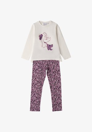 Langärmliges weißes Oberteil mit einem Grafikdesign eines Hundes im pinken Leopardenmuster, kombiniert mit pinken Leggings, die schwarze Leopardenflecken aufweisen. Material aus Baumwollmischung.