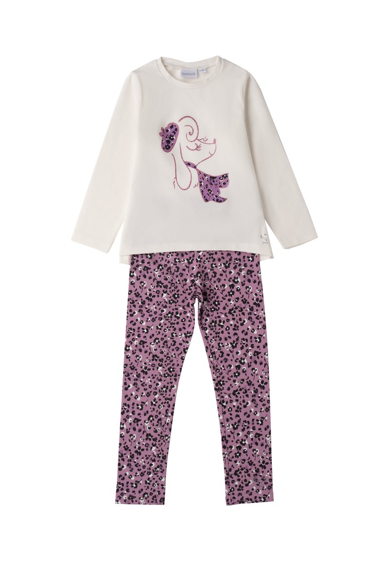 Witte lange mouwen top met een roze luipaardpatroon hond grafiek, gecombineerd met roze leggings met zwarte luipaardvlekken. Van een katoenmix.