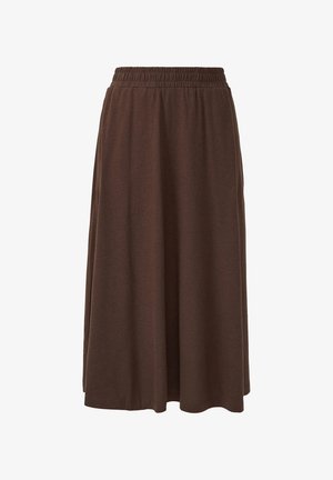Bruine, enkellange rok gemaakt van zacht stof; heeft een elastische tailleband en een vloeiende, A-lijn vorm. Geen patronen of versieringen.
