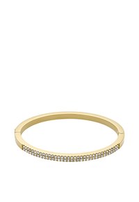 Gouden bangle armband met een gladde band en een rij sprankelende rhinestones langs één kant. Strak, modern ontwerp.