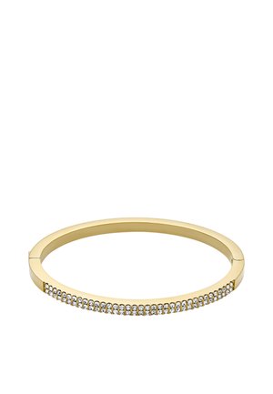 Bracelet en or en forme de jonc avec une bande lisse et une rangée de strass scintillants sur un côté. Design épuré et moderne.