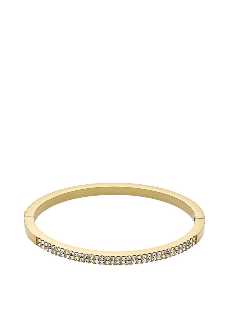 Gouden bangle armband met een gladde band en een rij sprankelende rhinestones langs één kant. Strak, modern ontwerp.