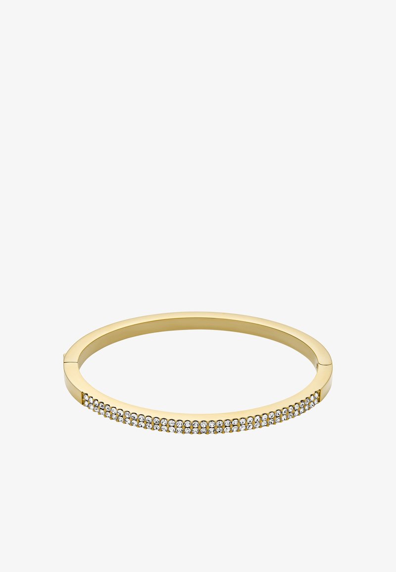 Goldener Armreif mit einem glatten Band und einer Reihe funkelnder Strasssteine auf einer Seite. Elegantes, modernes Design.