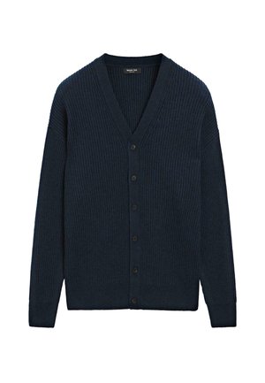 Marineblå ribbet cardigan med V-hals, lange ærmer, knaplukning og et struktureret mønster. Lavet af et blødt, strikket materiale.