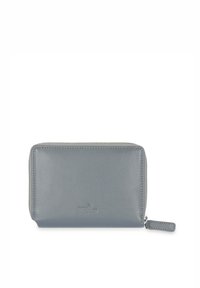 Gray leather wallet with a textured finish, zip closure, and small side tag. Features RFID protection with logo embossed on the front.