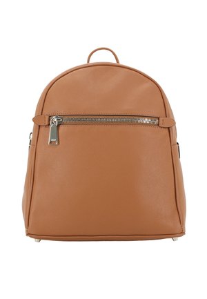 Small tan leather backpack with a top handle, front zippered pocket, and minimalist design against a white background.