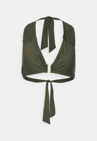 Alyvuogių žalios spalvos bikini viršus, pagamintas iš lygios medžiagos, su giliu V formos iškirpimu, rišamomis juostelėmis ir auksiniu akcentu centre.