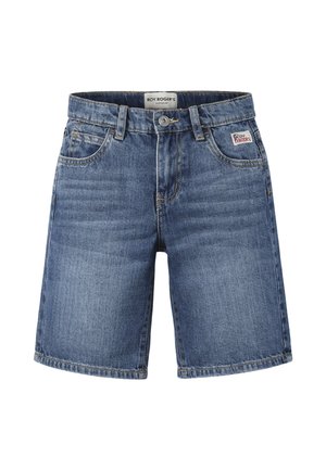 Shorts di jeans blu con bottone e cerniera frontali, passanti per cintura, cinque tasche e una piccola toppa con il logo Roy Roger's sulla tasca destra.