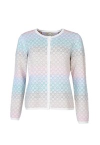 Strickjacke mit einem Farbverlauf-Muster in Rosa, Blau, Grau und Weiß. Mit Knöpfen vorne und einem runden Ausschnitt. Lange Ärmel.