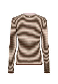 Pull à côtes à manches longues avec des rayures horizontales marron et beige et un col rose clair, vu de dos sur fond blanc.