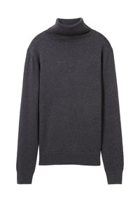 Dunkelgrauer Rollkragenpullover aus Strickstoff, mit langen Ärmeln und gerippten Bündchen sowie Kragen. Schlichtes, klassisches Design.