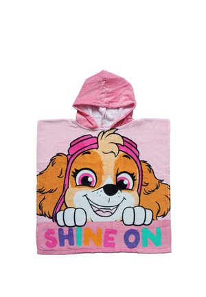 Asciugamano con cappuccio rosa con un cane dei cartoni animati sorridente che indossa occhialini rosa e il testo colorato "SHINE ON" in basso.