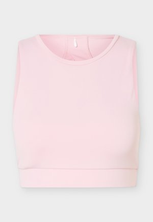 Light pink sleeveless crop top with round neckline and wide hem band, laid flat on a white background.
