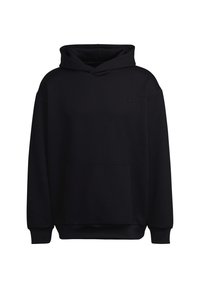 Svart hoodie med ribbat mönster, framficka av typ kangaroo och subtil logotypdetalj på bröstet. Lugn passform och mjukt tyg.