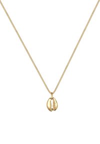 Gouden ketting met een cowrie-schelpenhanger met textuurdetails, hangend aan een fijne ketting met een geschroefd sluiting.
