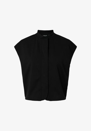 Must ülikonnajakk ilma varrukateta, lühike, kõrge kraega ja varjatud esikinnitusega, valgel taustal.