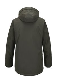 Grüne wasserdichte Jacke mit Kapuze, die eine glatte Textur und einen geraden Schnitt aufweist. Keine sichtbaren Muster oder dekorativen Elemente.