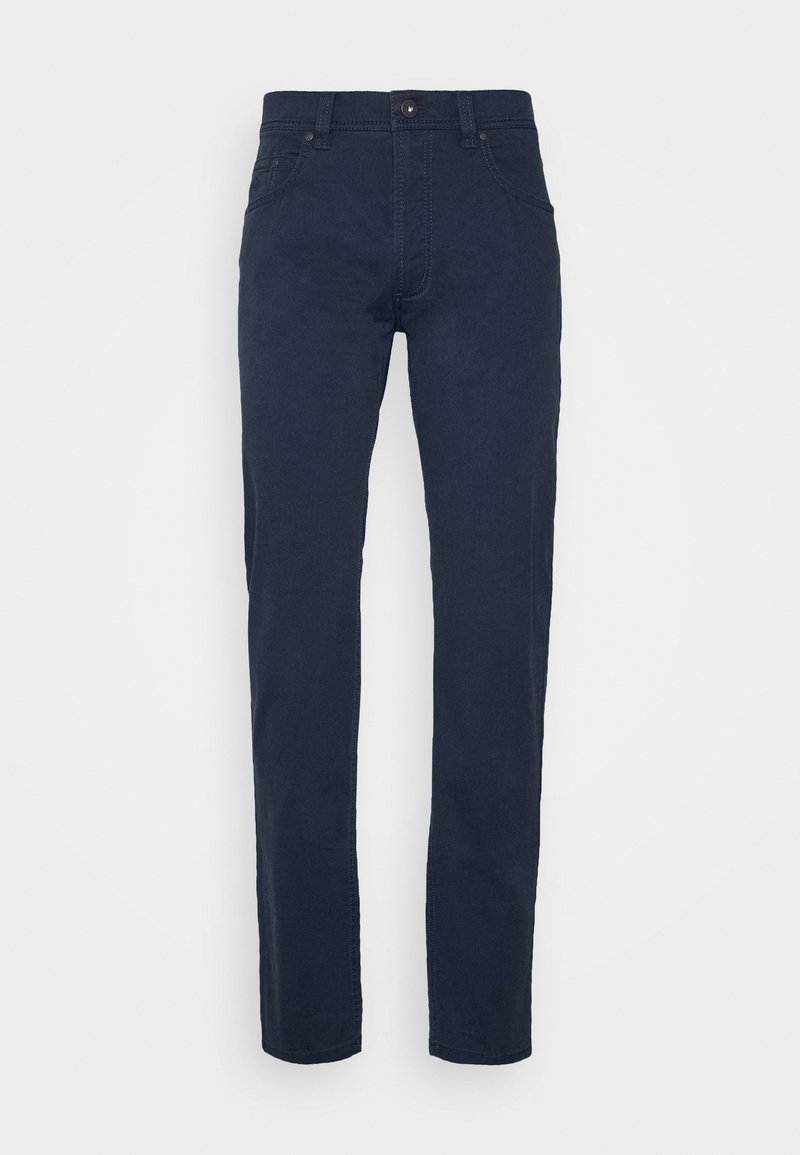 Pantalon en coton bleu marine à coupe droite, avec une fermeture à boutons sur le devant et deux poches latérales. Texture lisse, sans motifs.