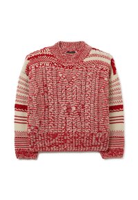 Maglione lavorato a maglia rosso e beige con motivi intricati, orlo a coste e maniche testurizzate con scollo rotondo e strisce a contrasto.