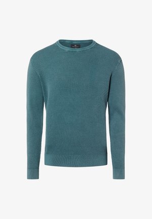 Türkisfarbener Strickpullover mit strukturiertem Muster, rundem Ausschnitt und langen Ärmeln. Abgeschlossen mit gerippten Bündchen und Saum für eine enganliegende Passform.
