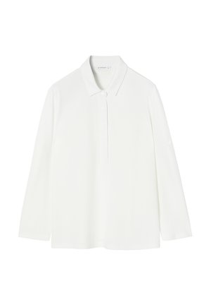 White long-sleeve polo shirt in smooth fabric with a classic collar and six button front closure. Features subtle shoulder detailing.