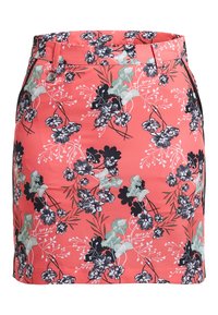 Spódnica w kwiaty o koralowym tle z czarnymi i zielonymi wzorami, zaprojektowana w dopasowanym kroju z zapięciem na zamek błyskawiczny i szlufkami na pasek.