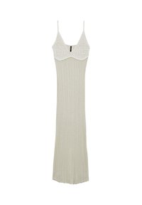 Abito lungo a coste beige con scollo in pizzo avorio, spalline sottili e silhouette aderente.