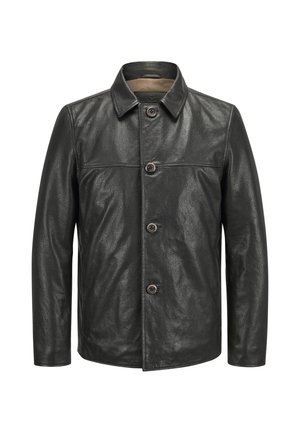 Schwarze Lederjacke mit Kragen und vier vorderen Knöpfen, frontseitig auf weißem Hintergrund dargestellt.