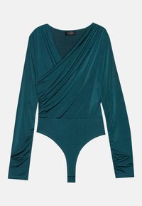 Teal long-sleeve bodysuit with draped front detail, textured fabric, and a high-cut bottom. Features gentle ruching along the sleeves.